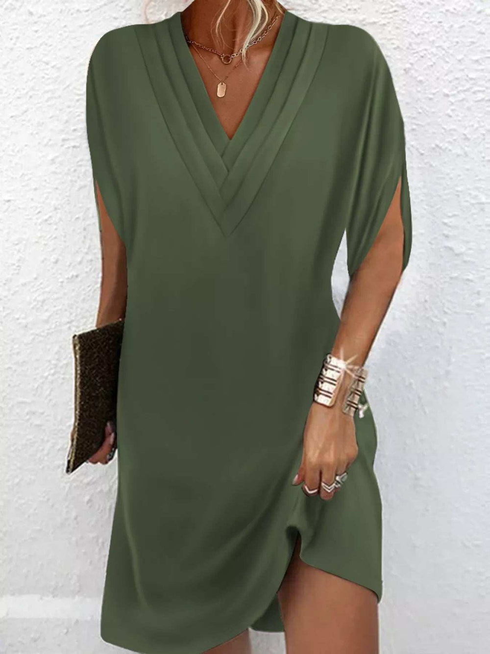 Full Size V-Neck Slit Sleeve Mini Dress Plus Size - Trendsi - Flyclothing LLC
