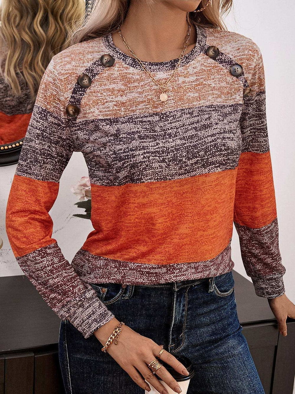 Decorative Button Contrast Round Neck Long Sleeve T-Shirt - Trendsi - Flyclothing LLC