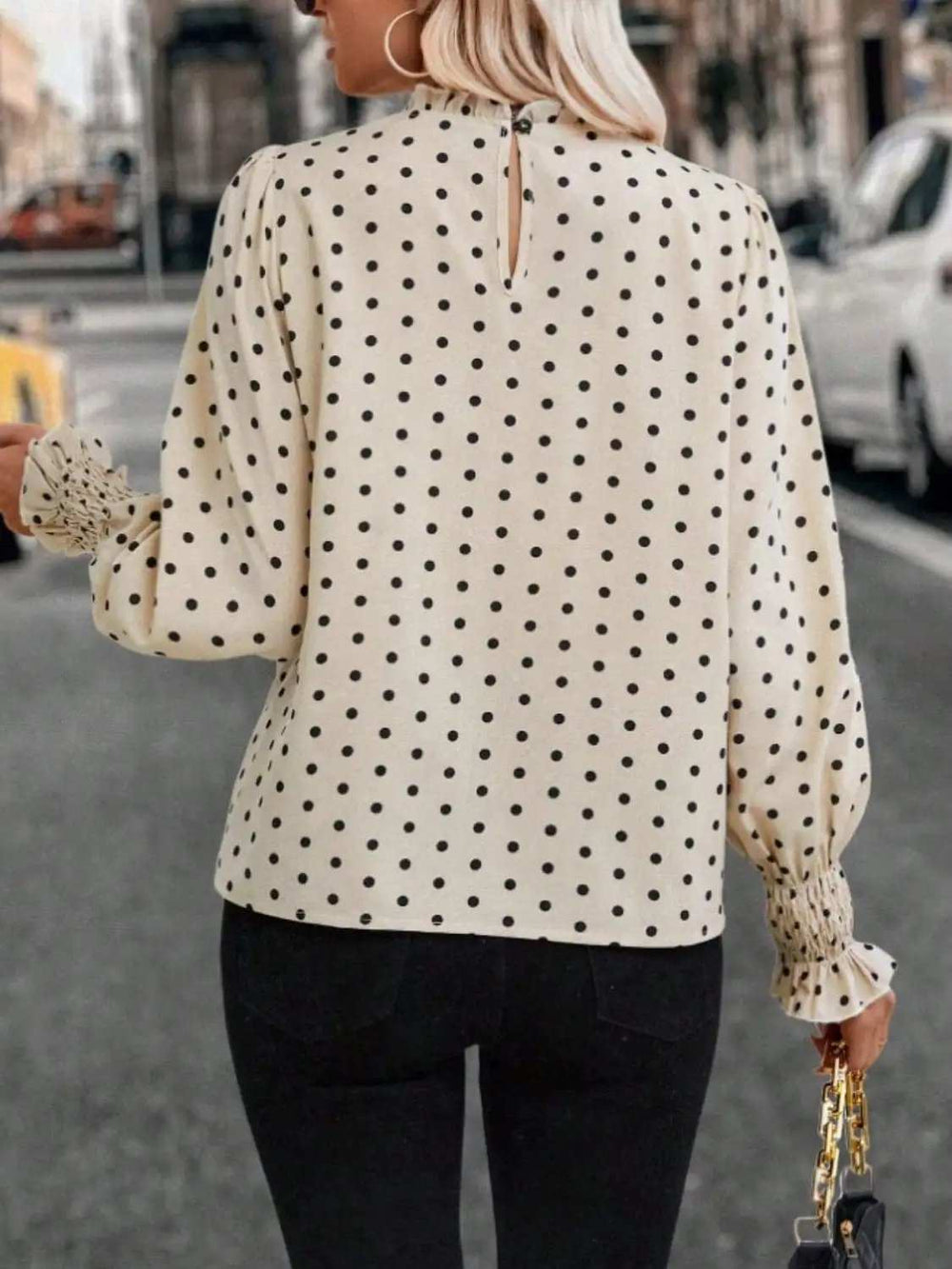 Polka Dot Mock Neck Long Sleeve Blouse - Trendsi - Flyclothing LLC