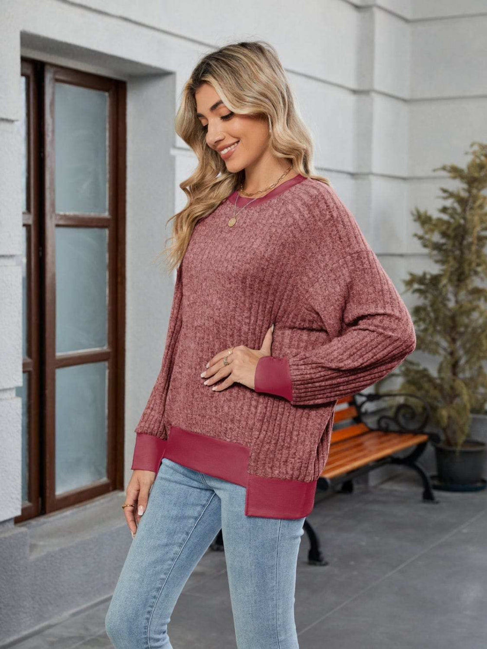 Contrast Trim Round Neck Long Sleeve T-Shirt - Trendsi - Flyclothing LLC