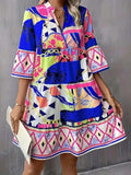 Printed Notched 3/4 Sleeve Tiered Dress - Trendsi - Flyclothing LLC