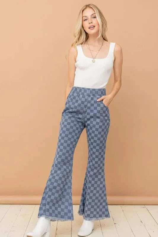 And The Why Checkerboard High Waist Bell Pants - Trendsi - Flyclothing LLC