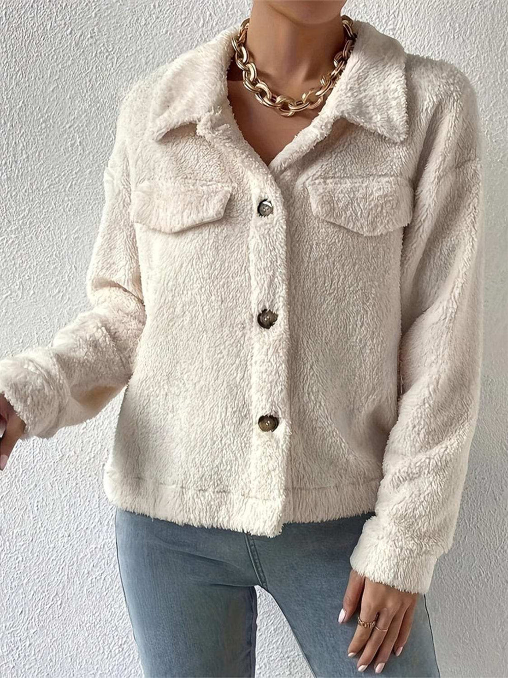 Collared Neck Button Up Jacket with Decorative Pocket Flaps - Trendsi - Flyclothing LLC