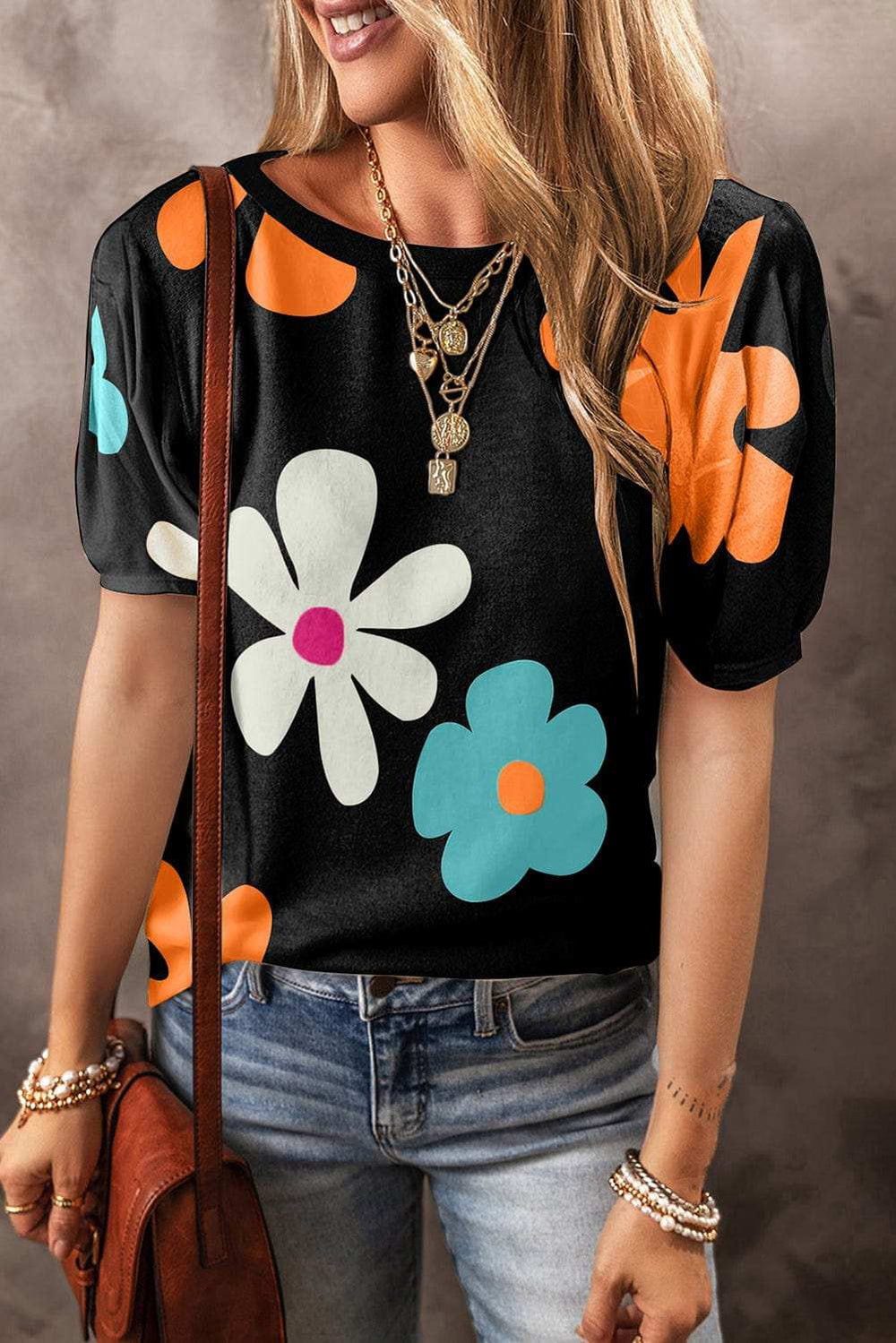 Flower Round Neck Short Sleeve Blouse - Trendsi - Flyclothing LLC