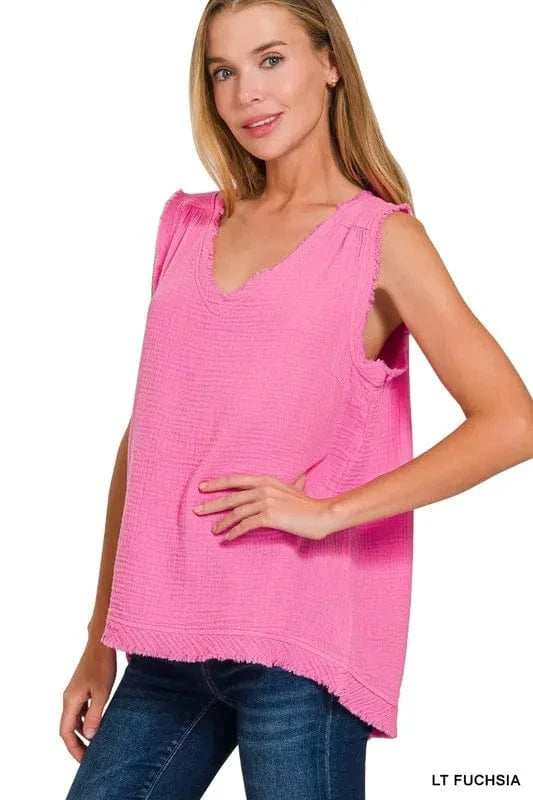 Zenana Double Gauze Raw Edge V-Neck Tank - Trendsi - Flyclothing LLC