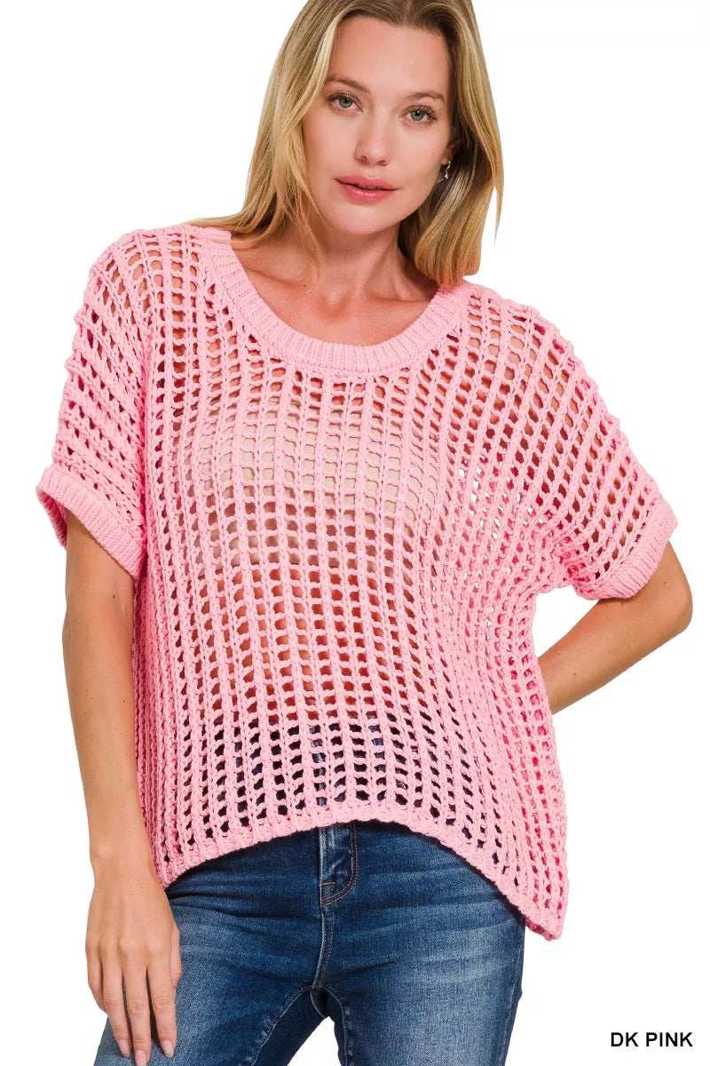 Zenana Fish Net Short Sleeve Crochet Knit Cover Up - Trendsi - Flyclothing LLC