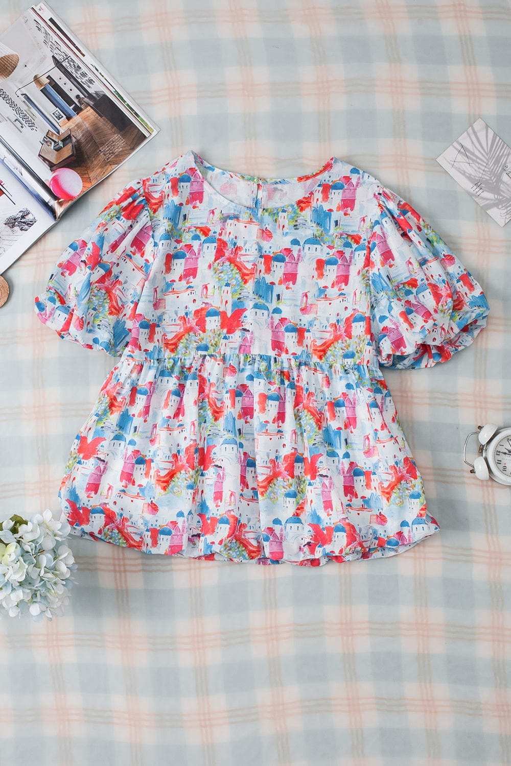Printed Round Neck Puff Sleeve Blouse - Trendsi - Flyclothing LLC