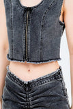 American Bazi Zip Up Washed Crop Denim Vest - Trendsi - Flyclothing LLC