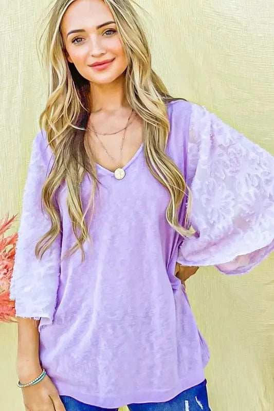 And The Why Feather Detailed 3/4 Sleeve Slub Top - Trendsi - Flyclothing LLC
