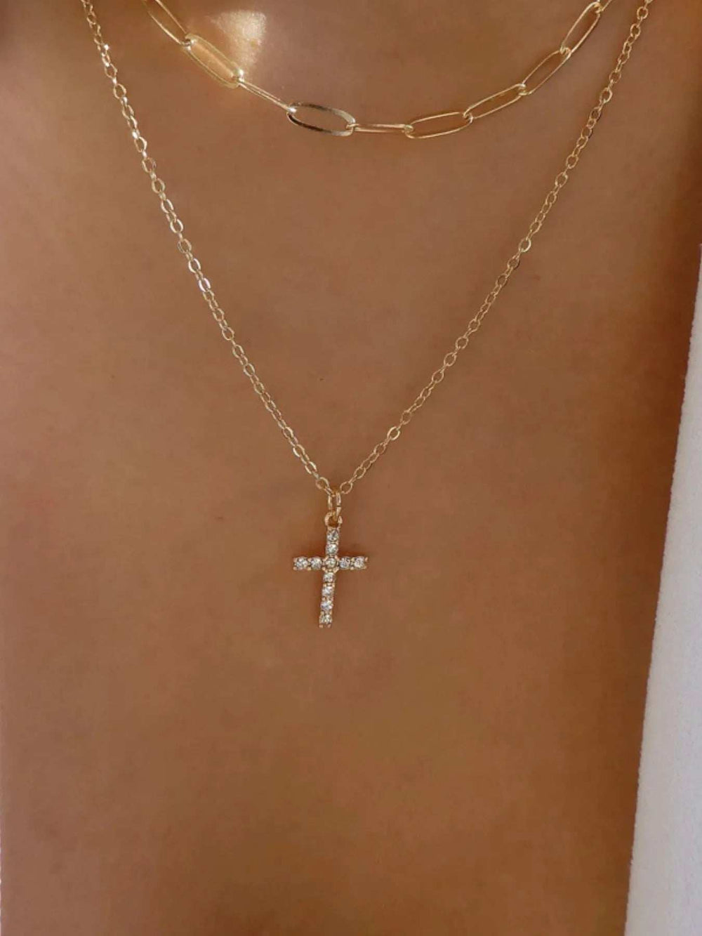Double Layered Inlaid Zircon Cross Pendant Necklace - Trendsi - Flyclothing LLC