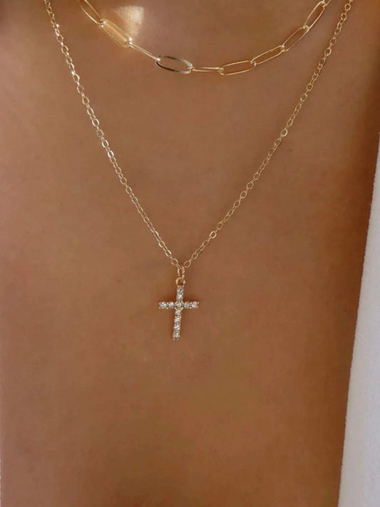 Double Layered Inlaid Zircon Cross Pendant Necklace - Trendsi - Flyclothing LLC
