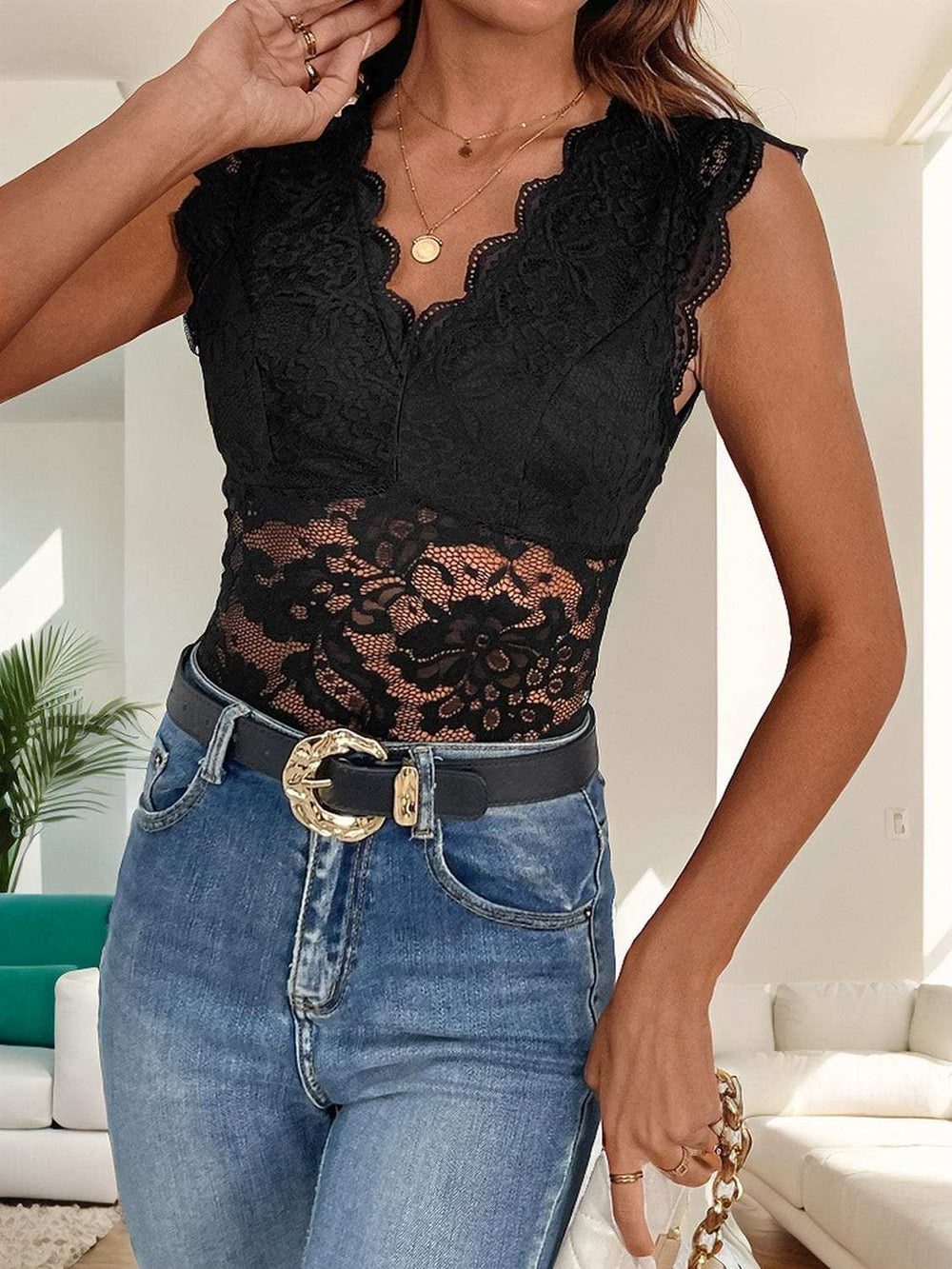 V-Neck Lace Bodysuit - Trendsi - Flyclothing LLC