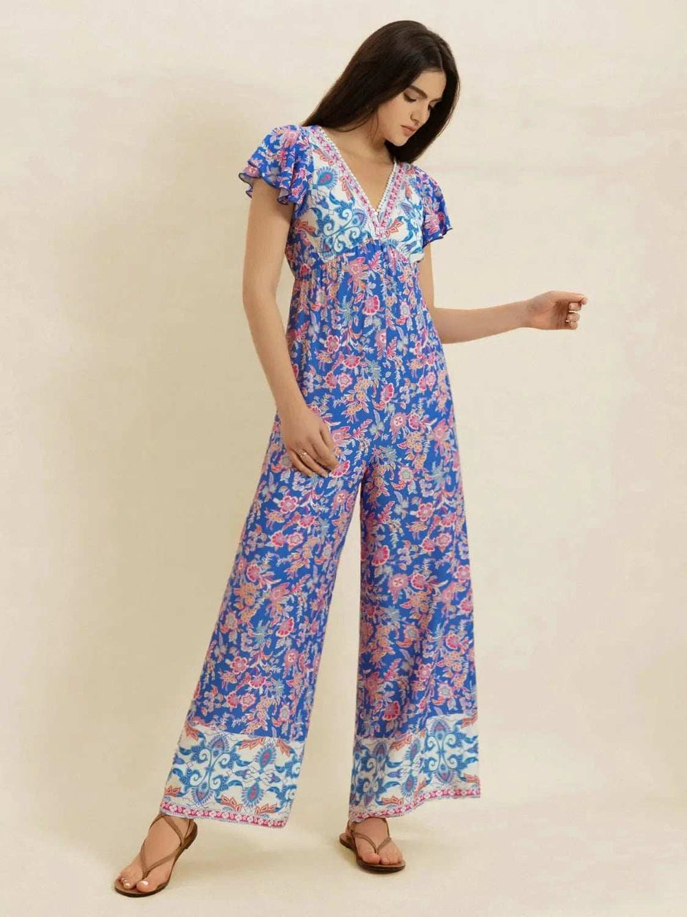 Printed V-Neck Wide Leg Jumpsuit - Trendsi - Flyclothing LLC