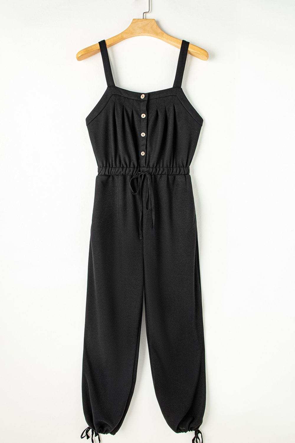 Knotted Straps Button Textured Drawstring Jumpsuit - Trendsi - Flyclothing LLC