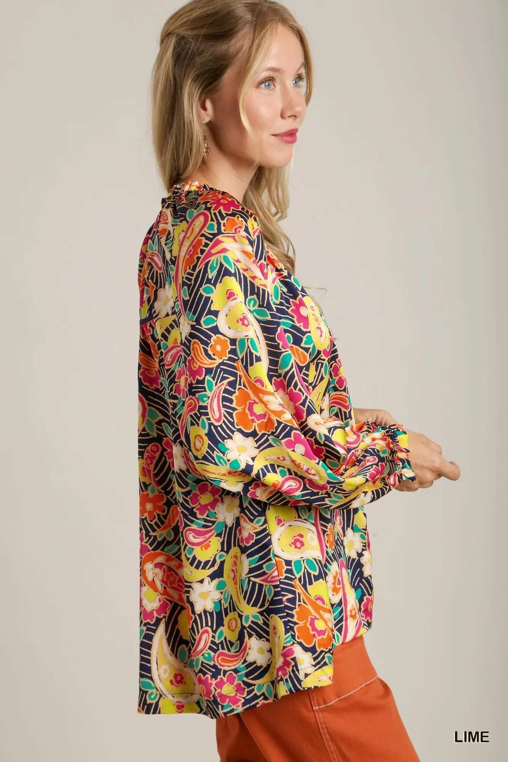 Umgee Full Size Satin Paisley Ruffle Neck Button-Up Shirt Plus Size - Trendsi - Flyclothing LLC