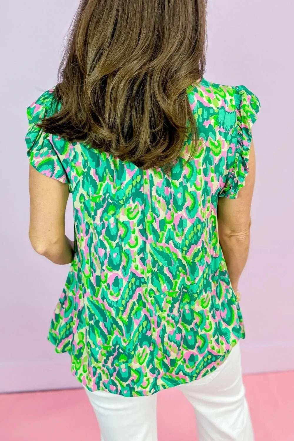 Abstract Print Ruffled Trim Tie Neck Top - Trendsi - Flyclothing LLC