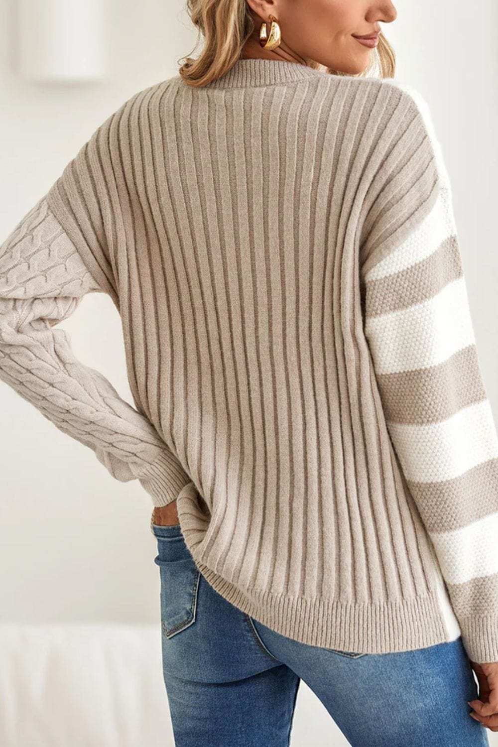 Cable-Knit Color Block Round Neck Sweater - Trendsi - Flyclothing LLC