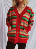 Contrast Stripes Button Up Long Sleeve Cardigan - Trendsi - Flyclothing LLC