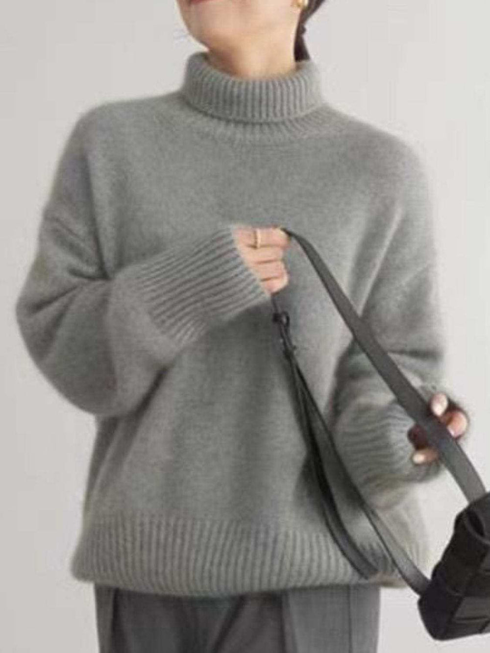 Turtleneck Dropped Shoulder Long Sleeve Sweater - Trendsi - Flyclothing LLC
