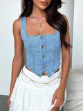 Smocked Square Neck Denim Top - Trendsi - Flyclothing LLC