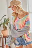 BiBi V Neck Tie Dye French Terry Top with Shiny - Trendsi - Flyclothing LLC
