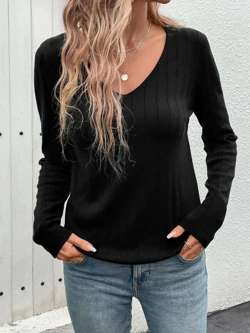 V-Neck Long Sleeve Knit Top - Trendsi - Flyclothing LLC