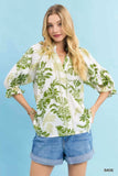 Umgee Leafy Damask Print Blouse with Contrast Scalloped Trim Detail - Trendsi - Flyclothing LLC