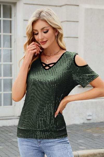 Sequin Cold Shoulder Short Sleeve Blouse - Trendsi - Flyclothing LLC