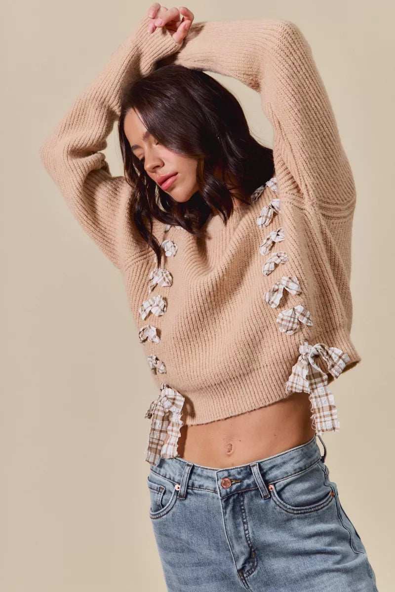 SO ME Checkered Plaid Tape Lace Up Ribbed Sweater - Trendsi - Flyclothing LLC