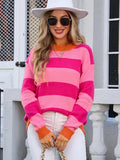 Contrast Striped Round Neck Sweater - Trendsi - Flyclothing LLC