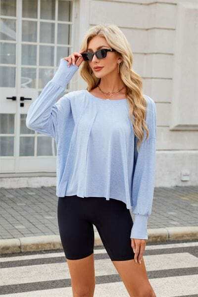 Cutout Back Round Neck Long Sleeve T-Shirt - Trendsi - Flyclothing LLC