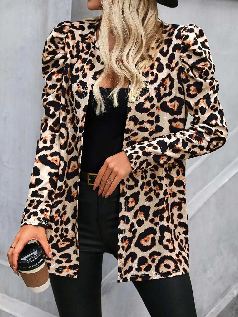 Leopard Open Front Puff Sleeve Jacket - Trendsi - Flyclothing LLC