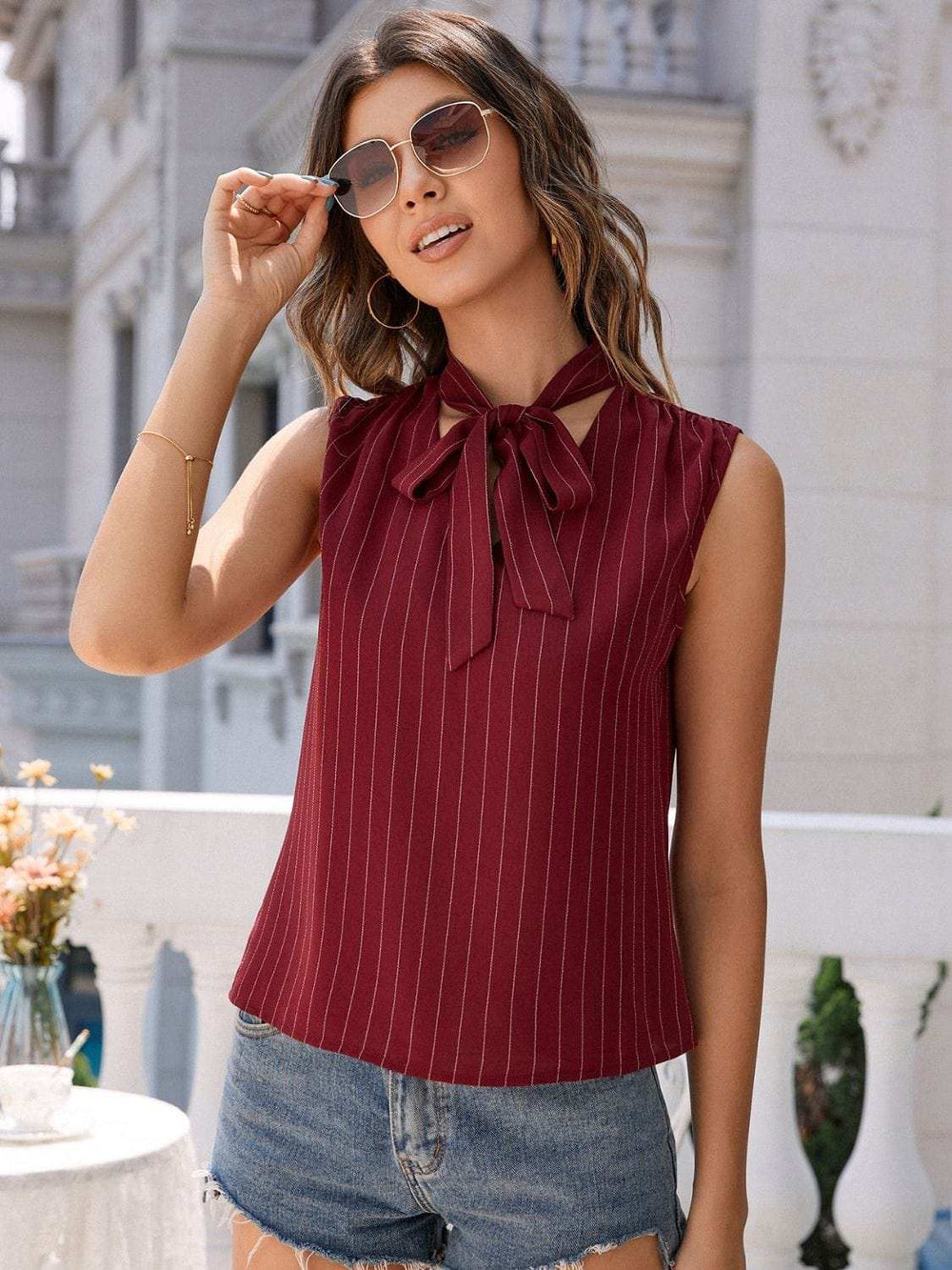 Striped Tie Neck Tank - Trendsi - Flyclothing LLC