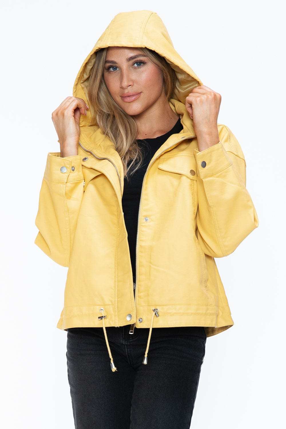 How Dare U Drawstring Hem PU Leather Zip Up Jacket - Trendsi - Flyclothing LLC
