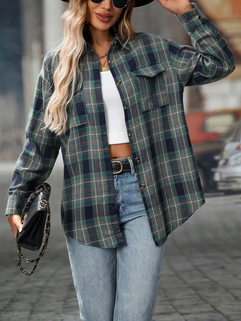 Oversized Plaid Button-Up Shirt - Trendsi - Flyclothing LLC