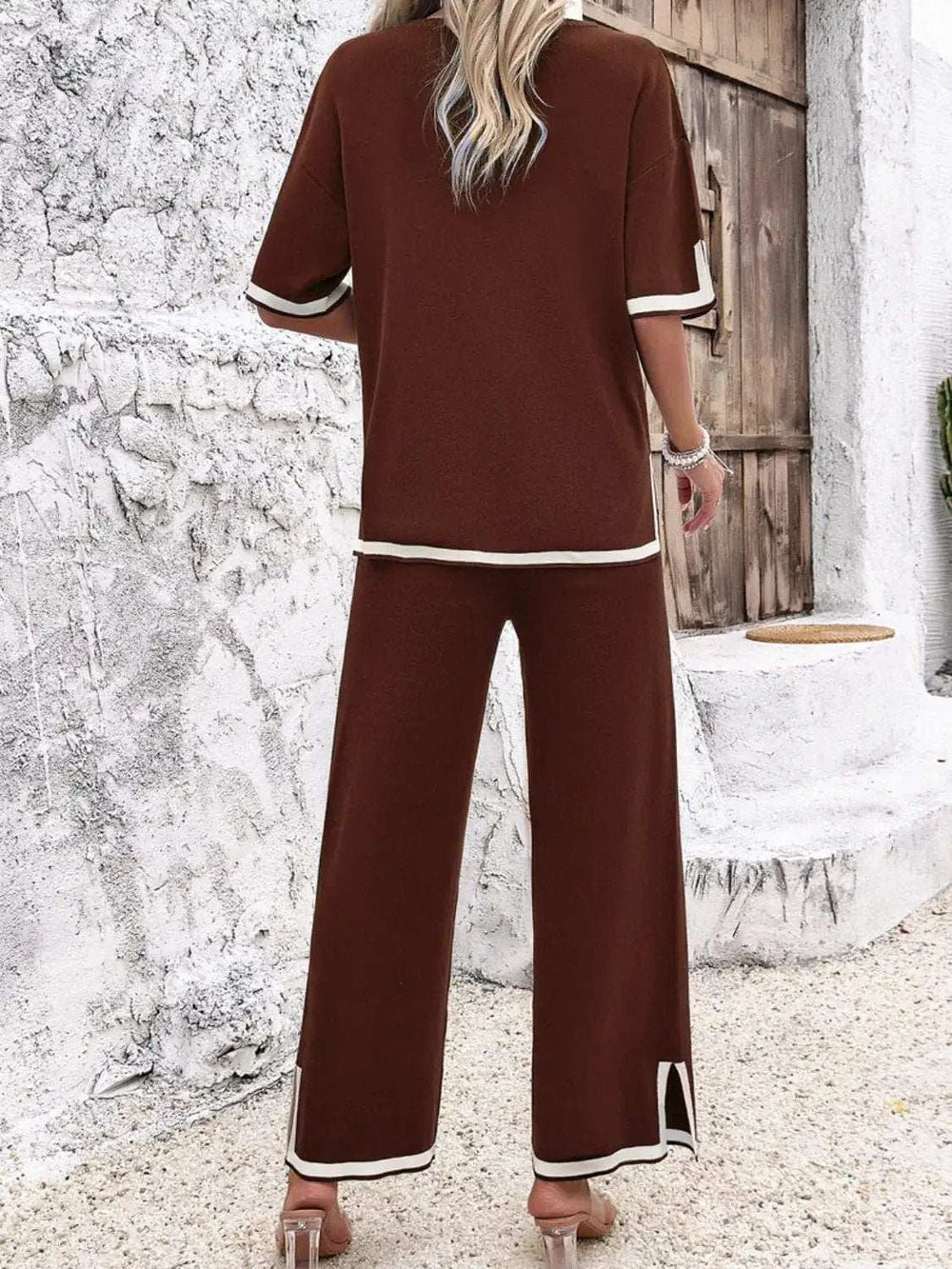 Contrast Trim Round Neck Top and Pants Set - Trendsi - Flyclothing LLC