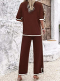 Contrast Trim Round Neck Top and Pants Set - Trendsi - Flyclothing LLC