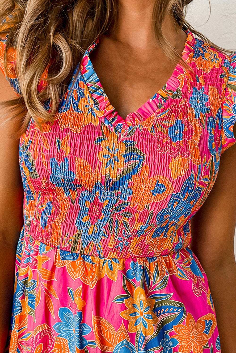 Smocked Printed V-Neck Cap Sleeve Blouse - Trendsi - Flyclothing LLC
