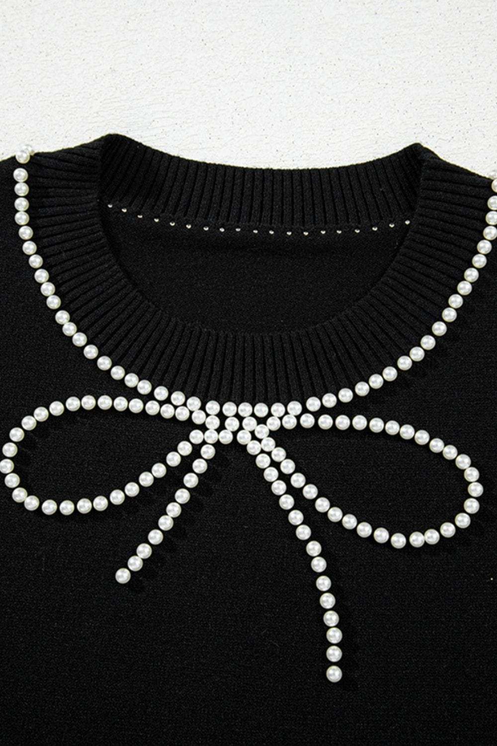 Pearl Bow Necklace Embellished Short Sleeve Knit Top - Trendsi - Flyclothing LLC