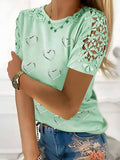 Full Size Lace Detail Heart Round Neck Short Sleeve Top - Trendsi - Flyclothing LLC