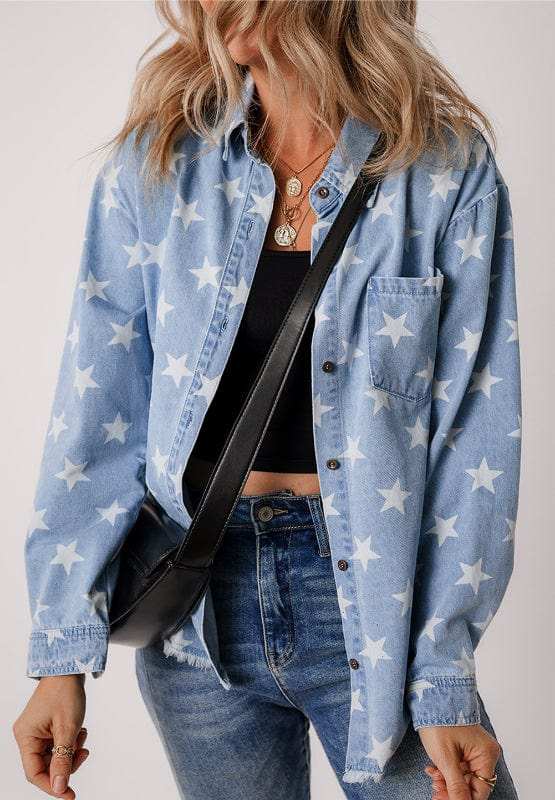 Raw Hem Star Collared Neck Denim Top - Trendsi - Flyclothing LLC
