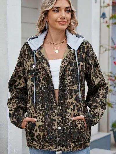Pocketed Leopard Long Sleeve Denim Jacket - Trendsi - Flyclothing LLC