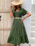 Tiered Notched Short Sleeve Midi Dress - Trendsi - Flyclothing LLC