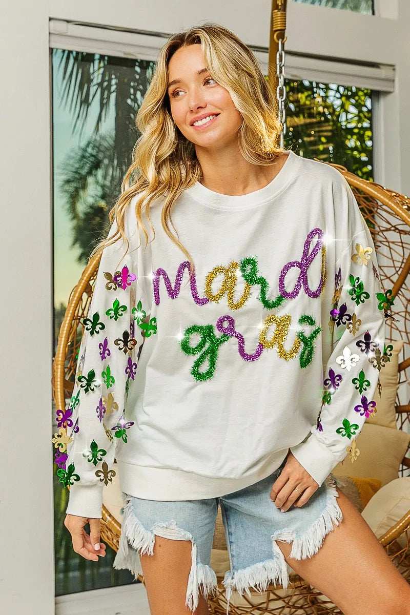 BiBi Fleur De Lis Sleeve Mardi Gras Pullover - Trendsi - Flyclothing LLC