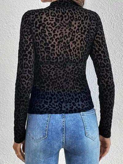 Leopard Mock Neck Long Sleeve Top - Trendsi - Flyclothing LLC