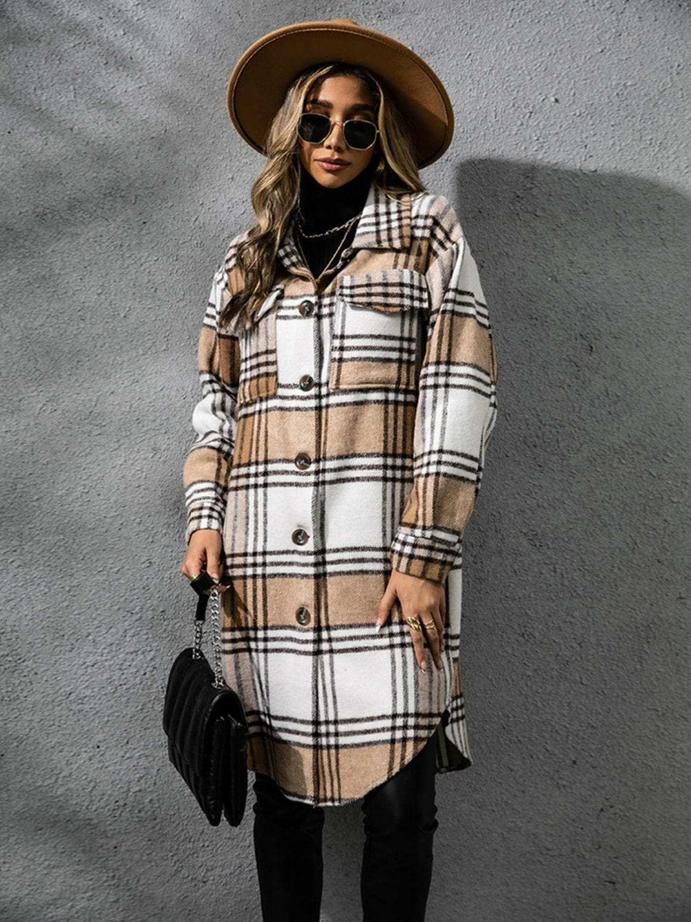 Plaid Collared Neck Long Sleeve Coat - Trendsi - Flyclothing LLC