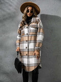 Plaid Collared Neck Long Sleeve Coat - Trendsi - Flyclothing LLC