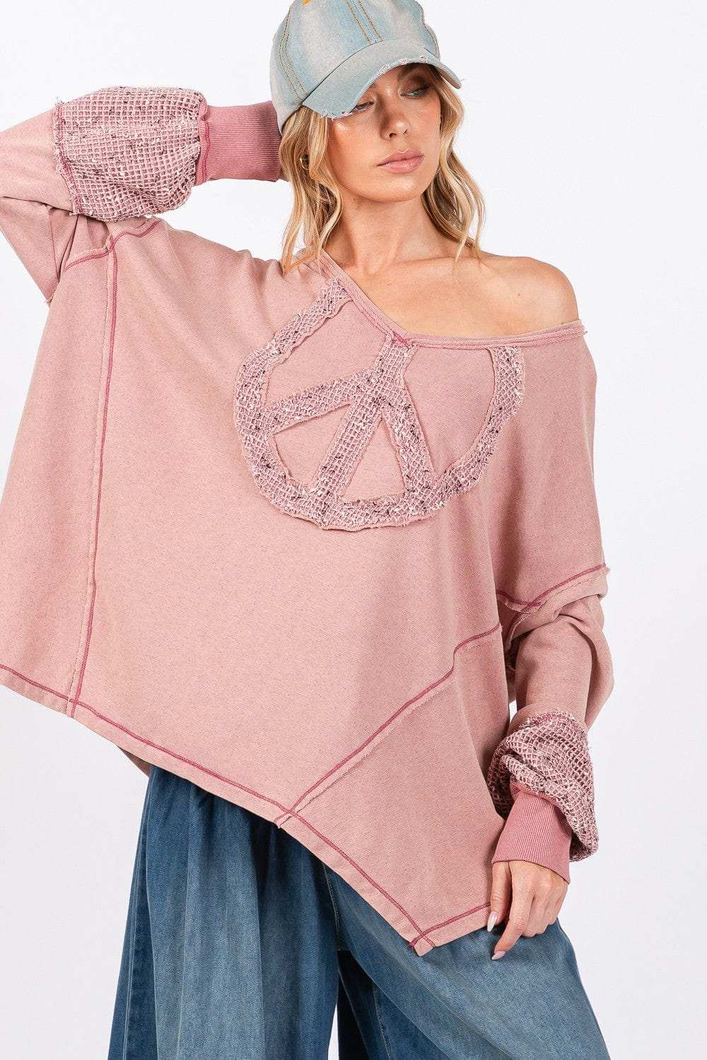SAGE + FIG Peace Sign Mineral Wash Terry Top - Trendsi - Flyclothing LLC