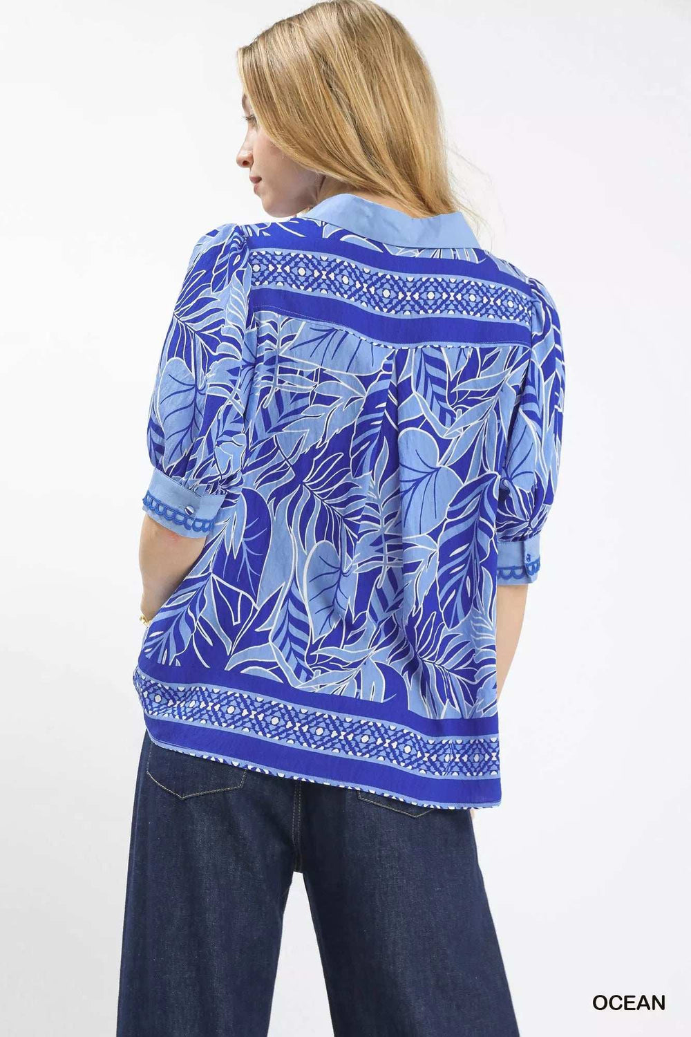 Umgee Tropical Print Puff Sleeve Blouse - Trendsi - Flyclothing LLC