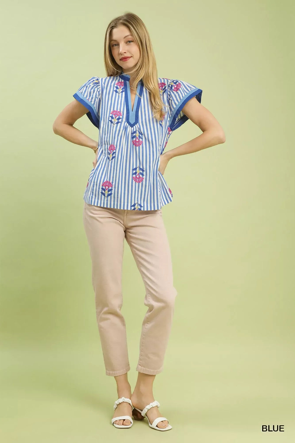 Umgee Embroidered Striped Flutter Sleeve Top - Trendsi - Flyclothing LLC